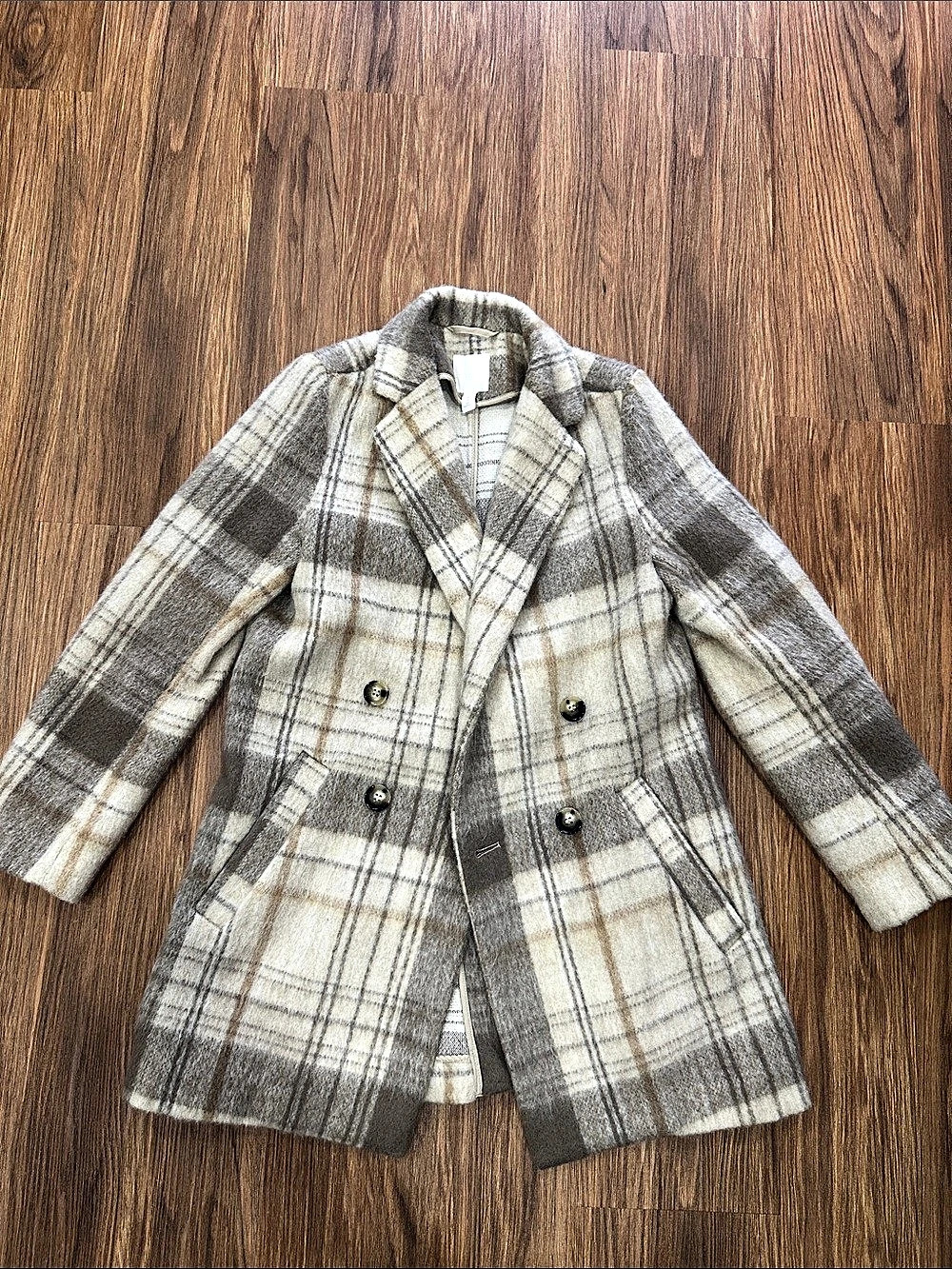 H&M Plaid Pea Coat in Gray & Cream